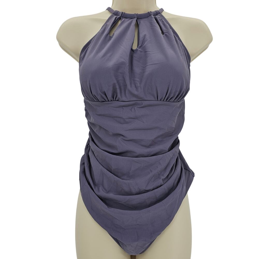 Cupshe Womans size L High Neck Cut Out Tie Back One Piece Swimsuit Purple NEW